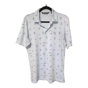 Travis Mathew Blue Polo Shirt Mens Panning for Gold Cactus All Over Print Sz S